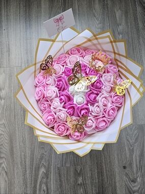 Handmade Pink Foam Rose Bouquet with Gold Butterfly Accents